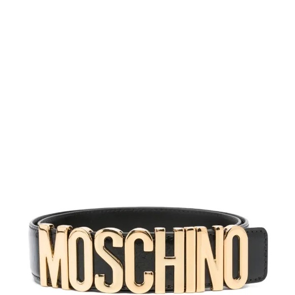 Moschino Black Leather Belt with Gold Lettering